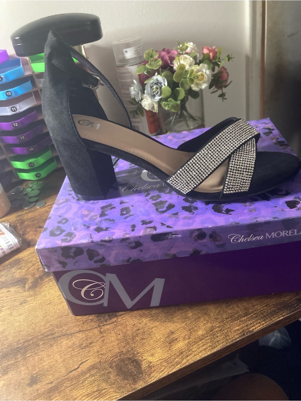 Black Suede Block Heel Sandal with Rhinestone Toe